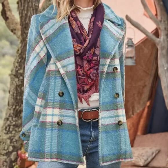 Sundance Basilica Atomic Fleck Plaid Double Breast Coat Wool Blend Blue Bust 48" - Thumbnail 2