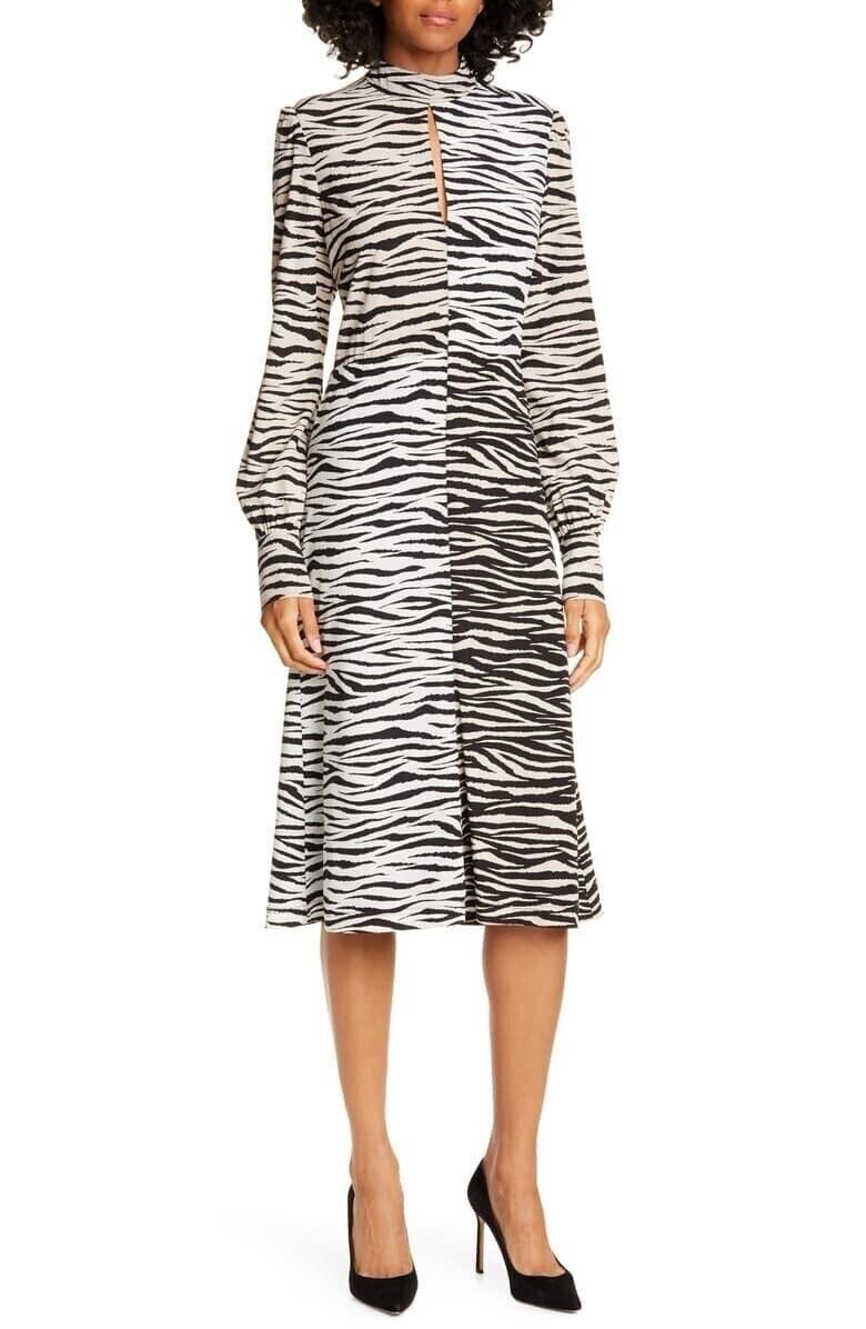 A.L.C Kennedy Animal Print Silk Two-Tone Midi Dress Long Sleeve Black Beige Sz.2 - Thumbnail 2