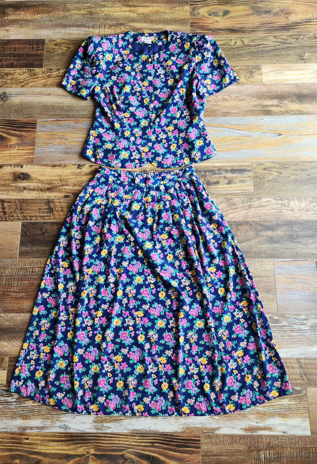Vintage Talbots 2pc. Set Floral Button Front Top + Pleat Midi Skirt Blue Sz.12 - Thumbnail 8