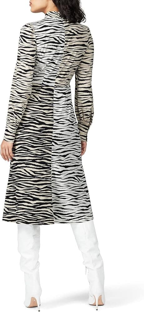A.L.C Kennedy Animal Print Silk Two-Tone Midi Dress Long Sleeve Black Beige Sz.2 - Thumbnail 6