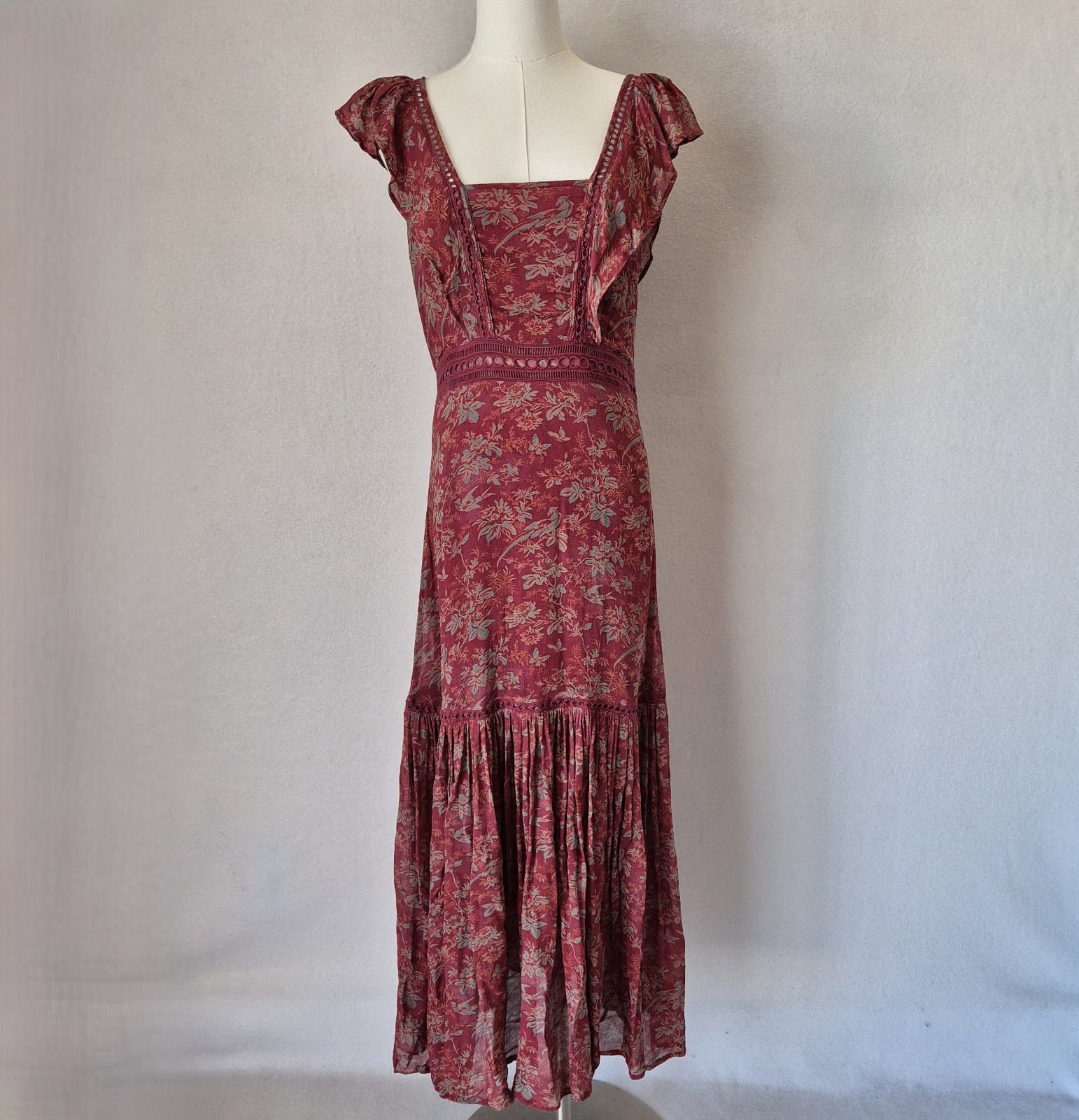 Sundance Harvest Floral Tiered Maxi Dress Ruffle Cap Sleeve Chiffon Red Womens 6 - Thumbnail 4