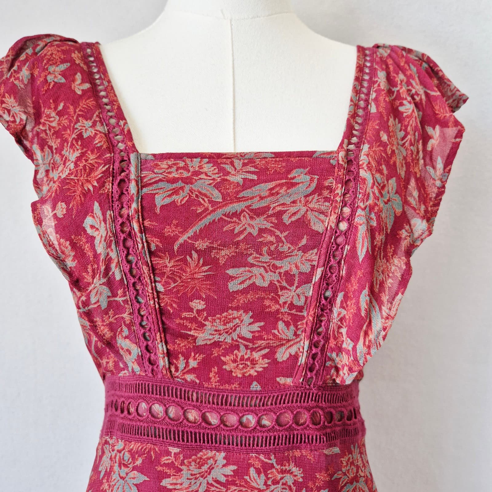 Sundance Harvest Floral Tiered Maxi Dress Ruffle Cap Sleeve Chiffon Red Womens 6 - Thumbnail 6