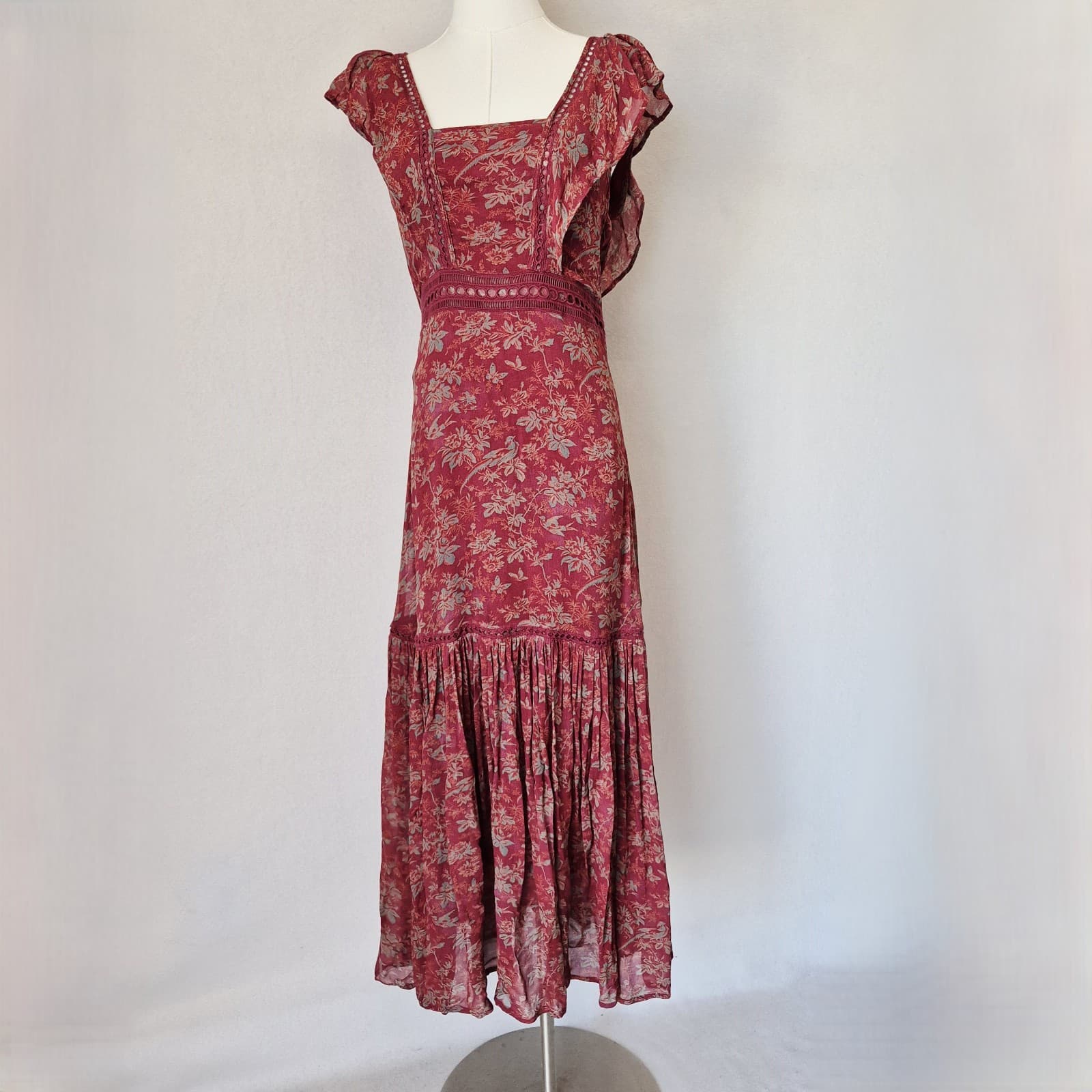 Sundance Harvest Floral Tiered Maxi Dress Ruffle Cap Sleeve Chiffon Red Womens 6 - Thumbnail 3
