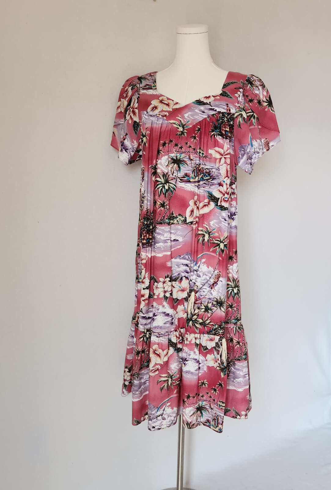Jade Fashions Tropical Beach Hawaii MuuMuu Tiered Midi Dress Lap-Over Sleeve S - Thumbnail 2