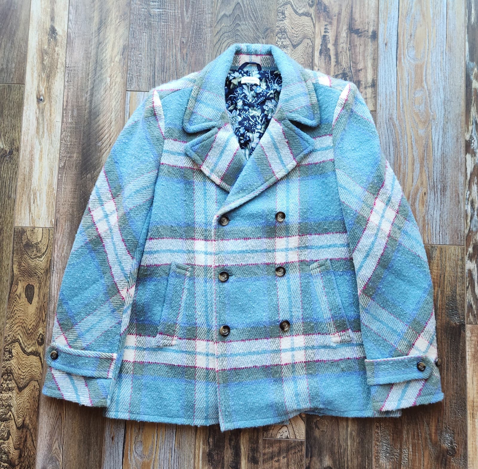 Sundance Basilica Atomic Fleck Plaid Double Breast Coat Wool Blend Blue Bust 48" - Thumbnail 4