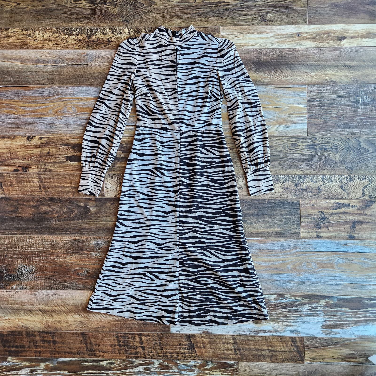 A.L.C Kennedy Animal Print Silk Two-Tone Midi Dress Long Sleeve Black Beige Sz.2 - Thumbnail 9