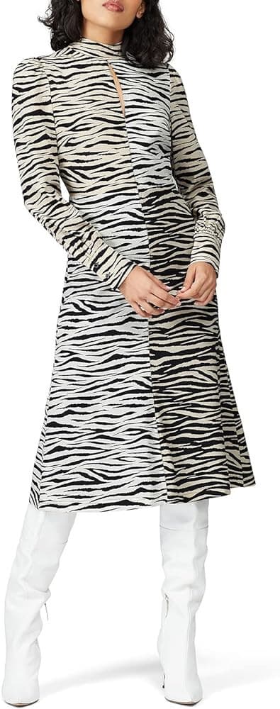 A.L.C Kennedy Animal Print Silk Two-Tone Midi Dress Long Sleeve Black Beige Sz.2 - Thumbnail 4