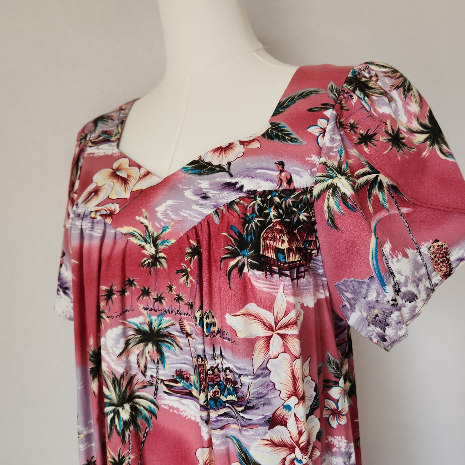 Jade Fashions Tropical Beach Hawaii MuuMuu Tiered Midi Dress Lap-Over Sleeve S - Thumbnail 5