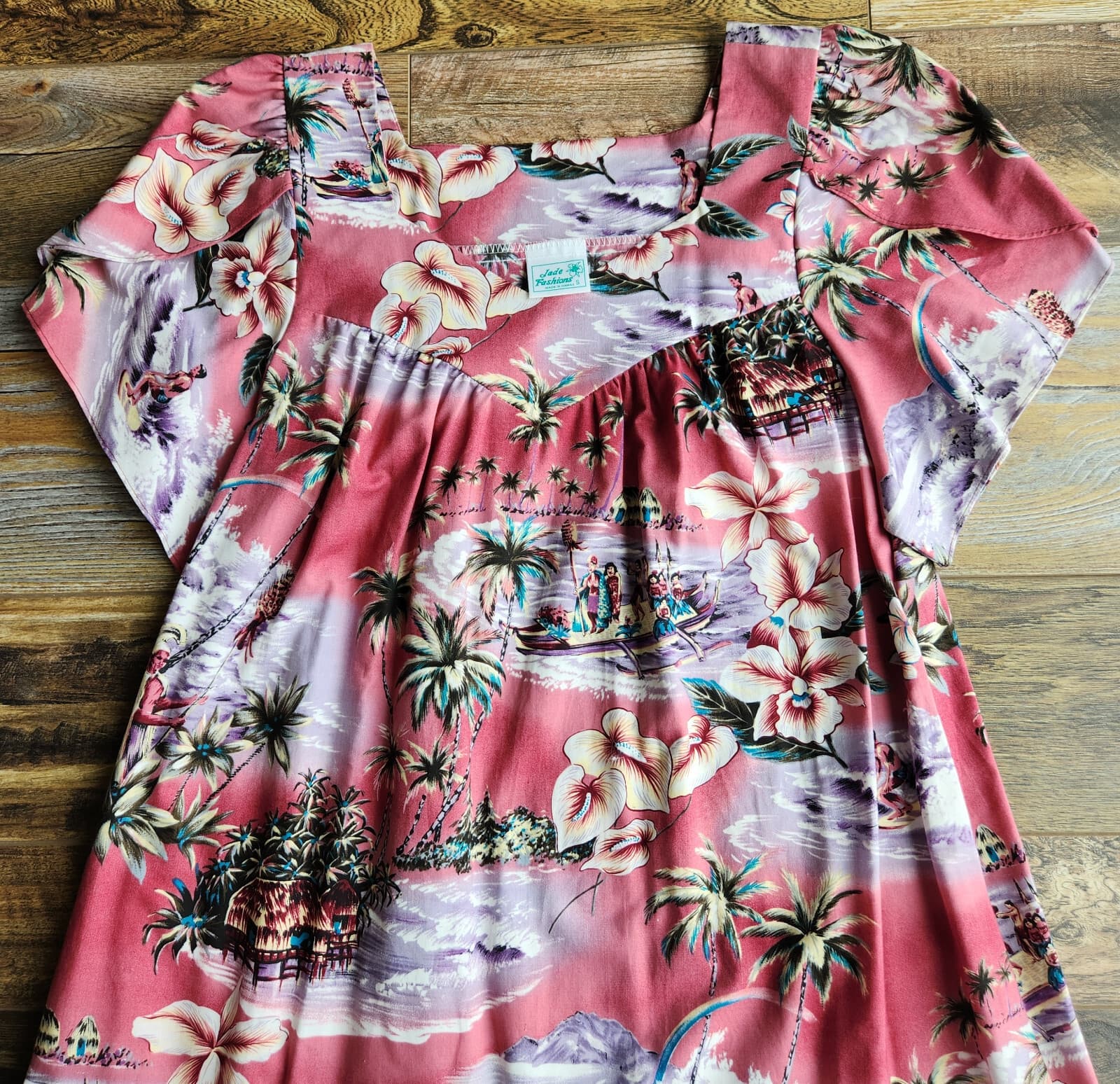 Jade Fashions Tropical Beach Hawaii MuuMuu Tiered Midi Dress Lap-Over Sleeve S - Thumbnail 7