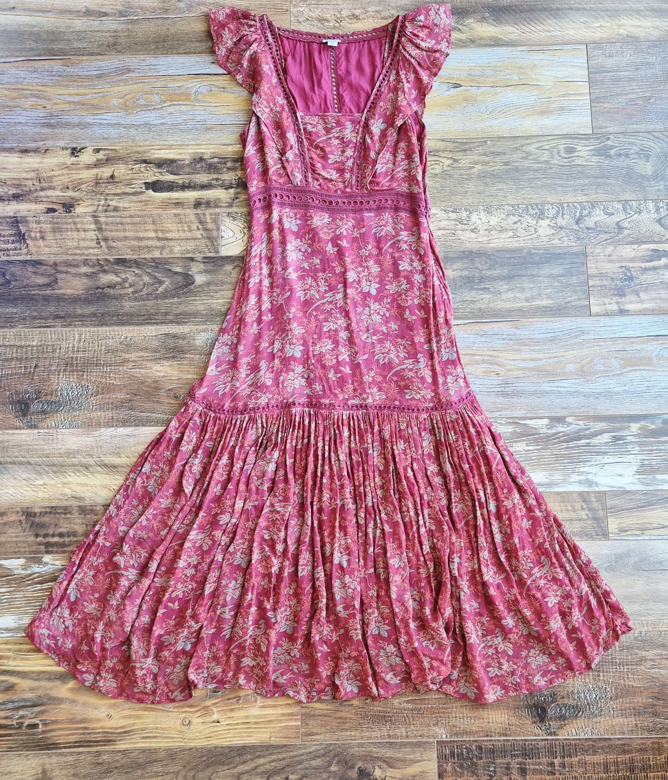 Sundance Harvest Floral Tiered Maxi Dress Ruffle Cap Sleeve Chiffon Red Womens 6 - Thumbnail 10