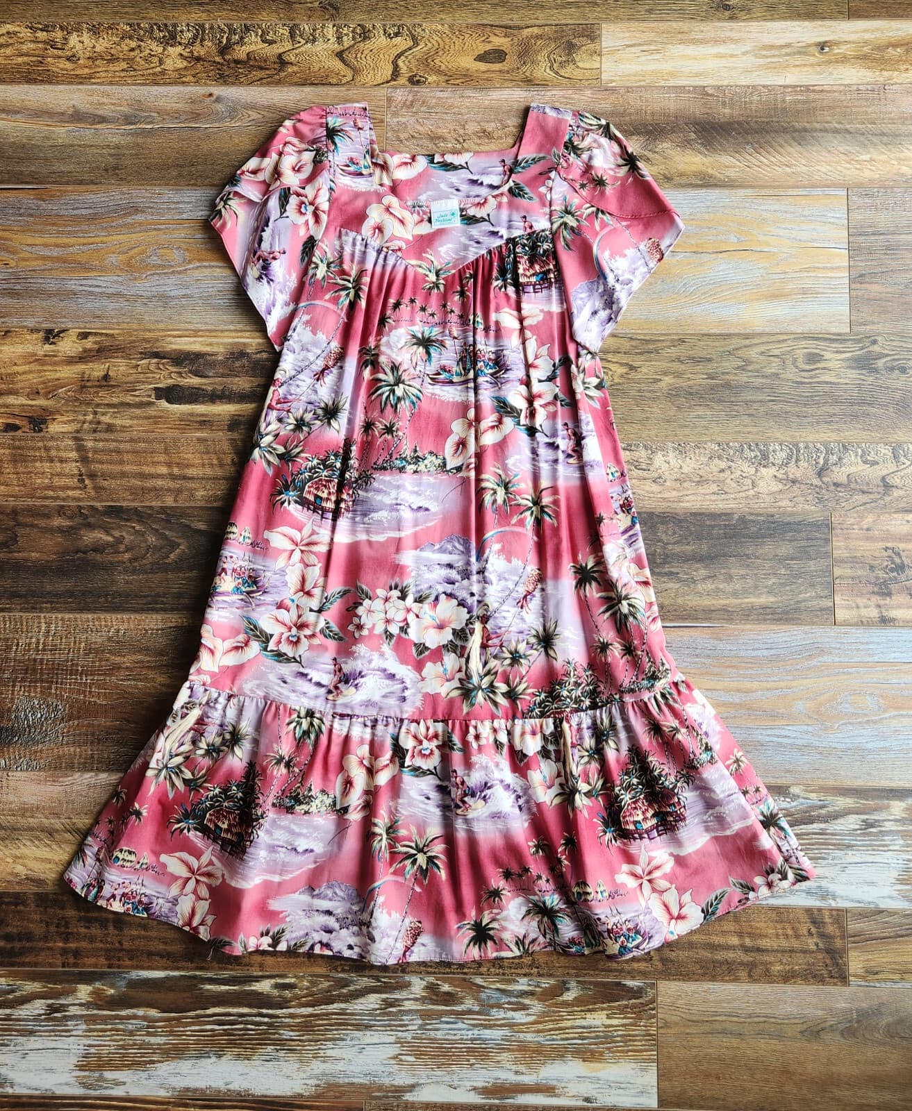 Jade Fashions Tropical Beach Hawaii MuuMuu Tiered Midi Dress Lap-Over Sleeve S - Thumbnail 3