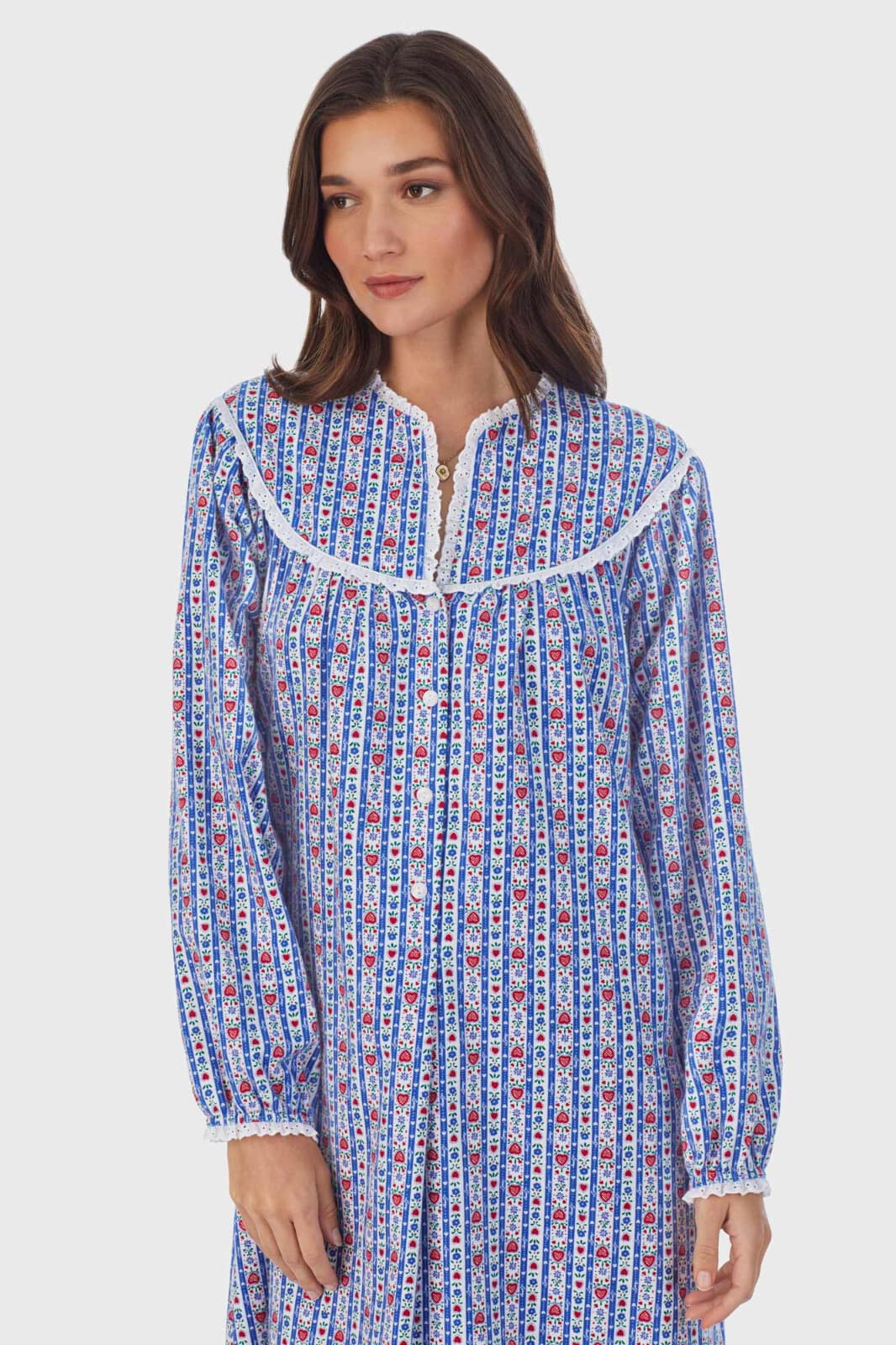 Lanz Of Salzburg Floral Flannel Lace Trim Nightgown Long Sleeve White Blue Sz.M - Thumbnail 3