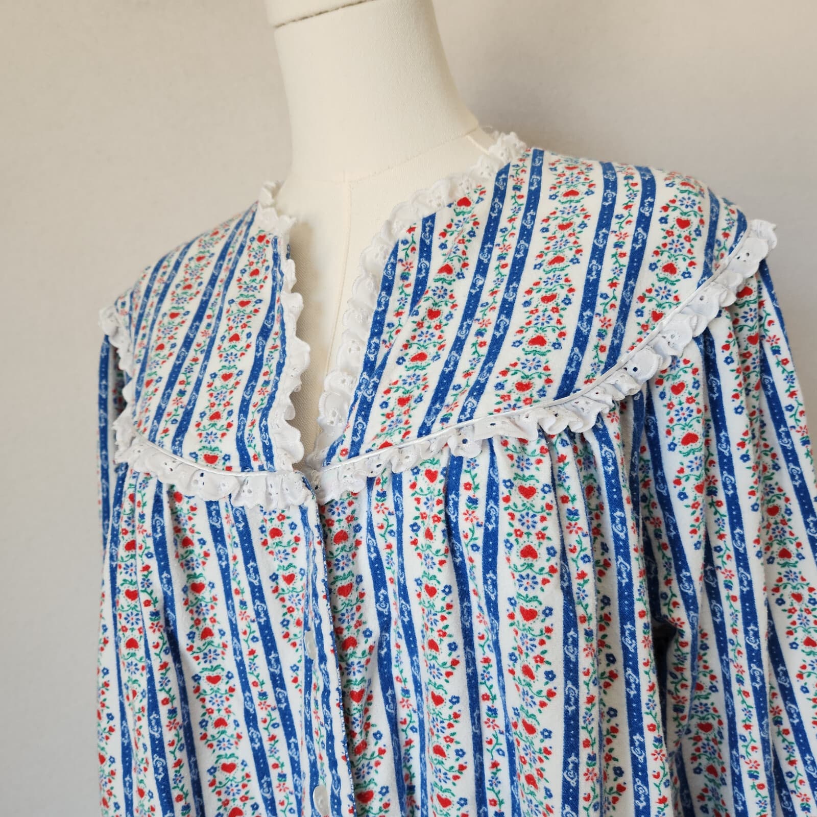 Lanz Of Salzburg Floral Flannel Lace Trim Nightgown Long Sleeve White Blue Sz.M - Thumbnail 5