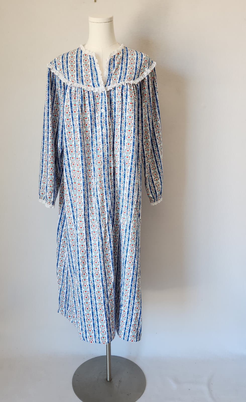 Lanz Of Salzburg Floral Flannel Lace Trim Nightgown Long Sleeve White Blue Sz.M - Thumbnail 16