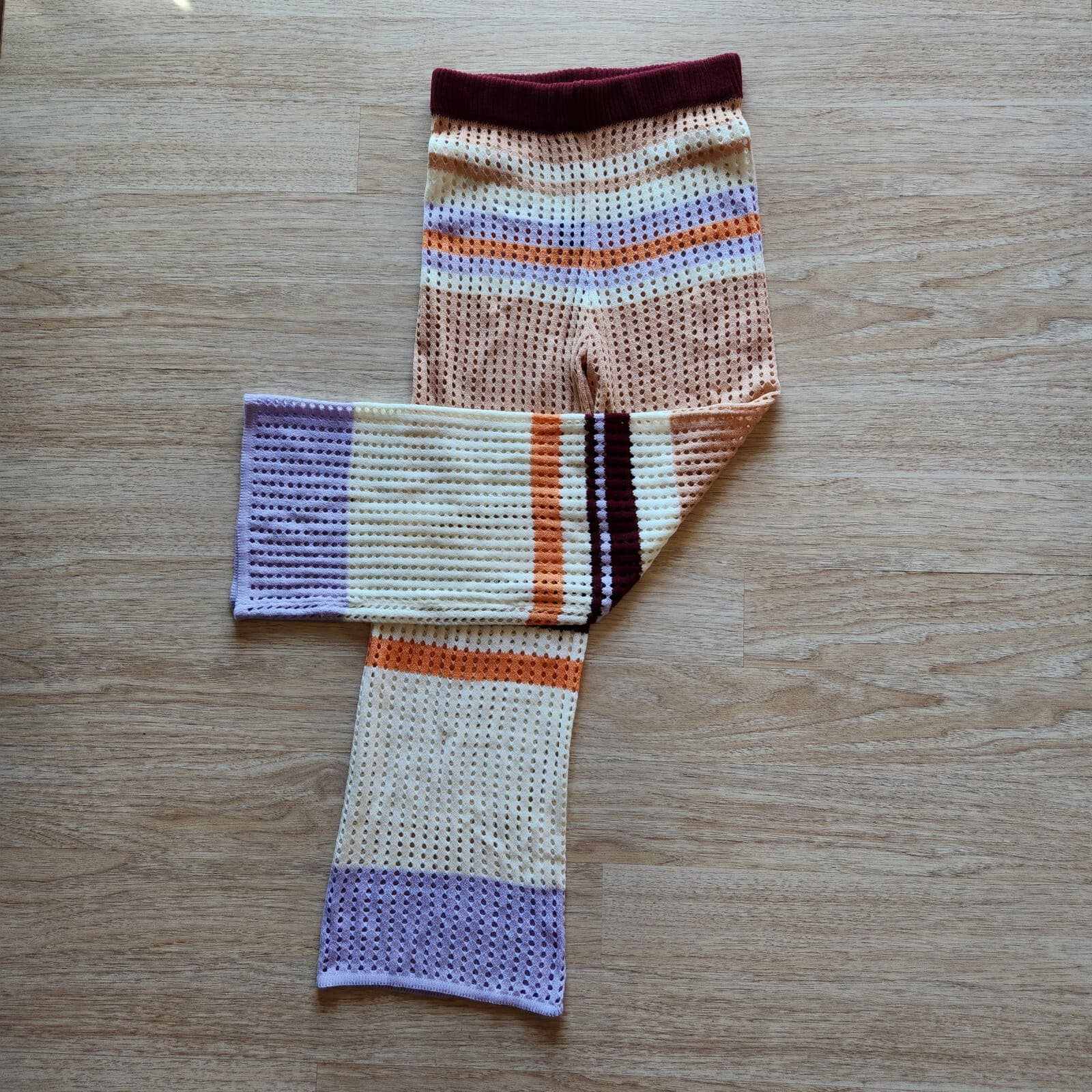 LOVEU.DEAR Knitted Crochet Beach Casual Pants Women M Elastic Waist Color Block - Thumbnail 2