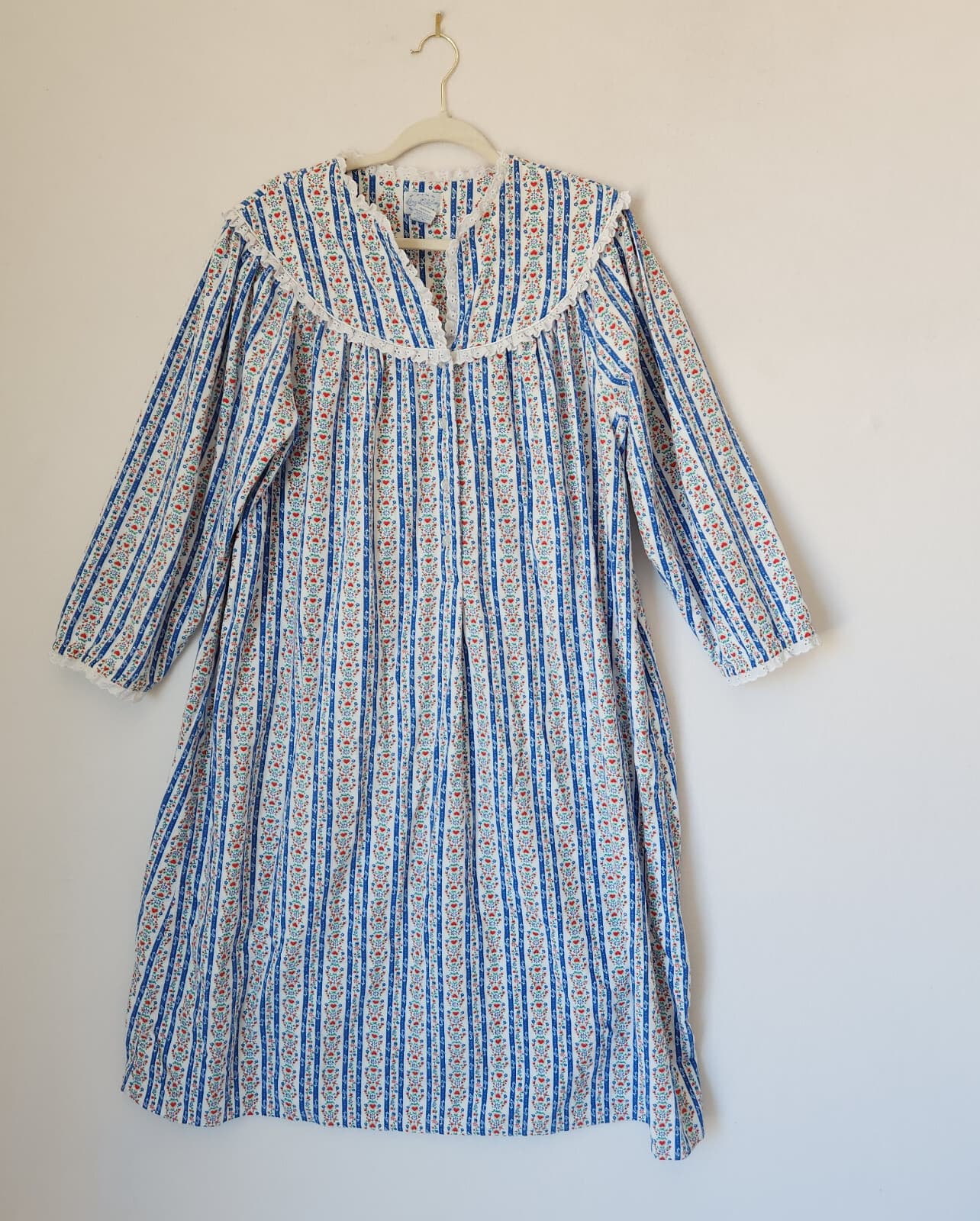 Lanz Of Salzburg Floral Flannel Lace Trim Nightgown Long Sleeve White Blue Sz.M - Thumbnail 13