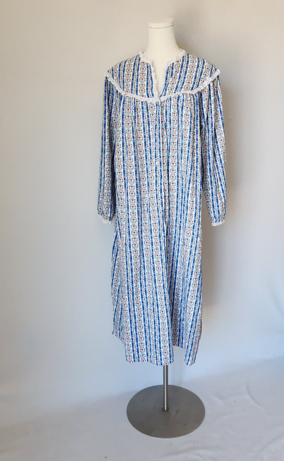 Lanz Of Salzburg Floral Flannel Lace Trim Nightgown Long Sleeve White Blue Sz.M - Thumbnail 7