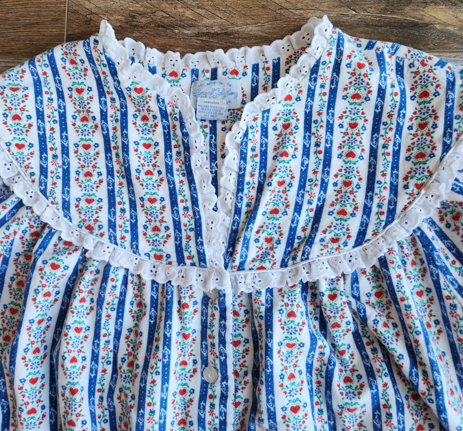 Lanz Of Salzburg Floral Flannel Lace Trim Nightgown Long Sleeve White Blue Sz.M - Thumbnail 15