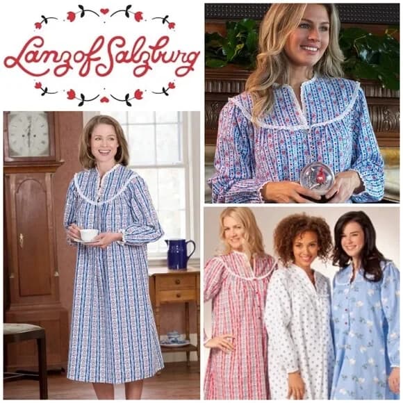 Lanz Of Salzburg Floral Flannel Lace Trim Nightgown Long Sleeve White Blue Sz.M - Thumbnail 9