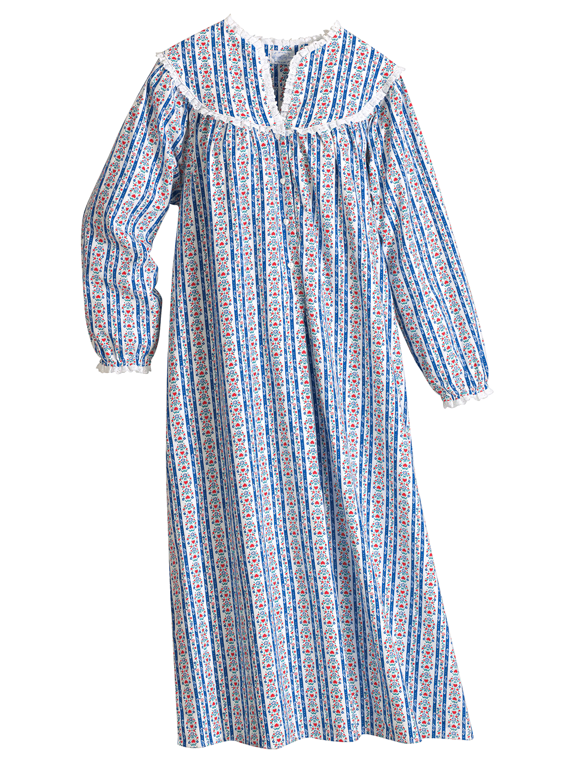 Lanz Of Salzburg Floral Flannel Lace Trim Nightgown Long Sleeve White Blue Sz.M