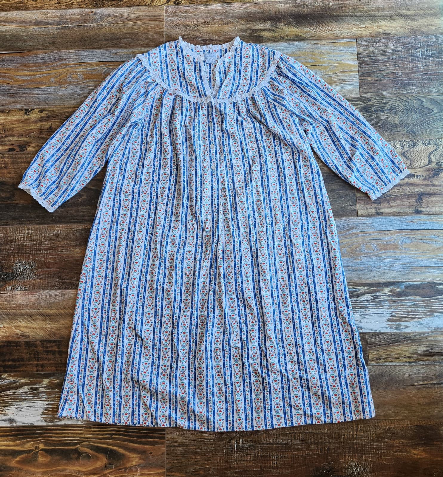 Lanz Of Salzburg Floral Flannel Lace Trim Nightgown Long Sleeve White Blue Sz.M - Thumbnail 14