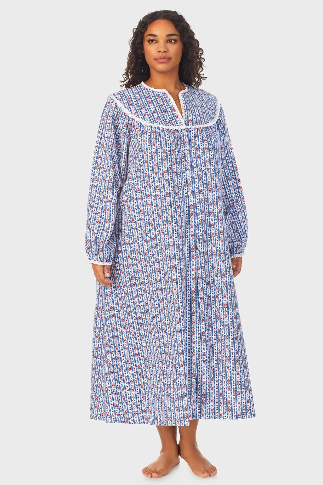 Lanz Of Salzburg Floral Flannel Lace Trim Nightgown Long Sleeve White Blue Sz.M - Thumbnail 8