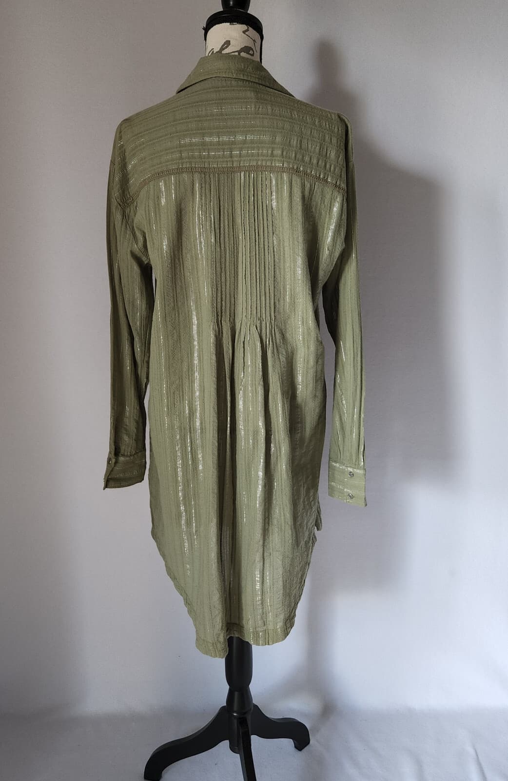 Anthropologie Pintuck Shirt Dress Button-Down Long Sleeve Green Meltaic Women M - Thumbnail 4