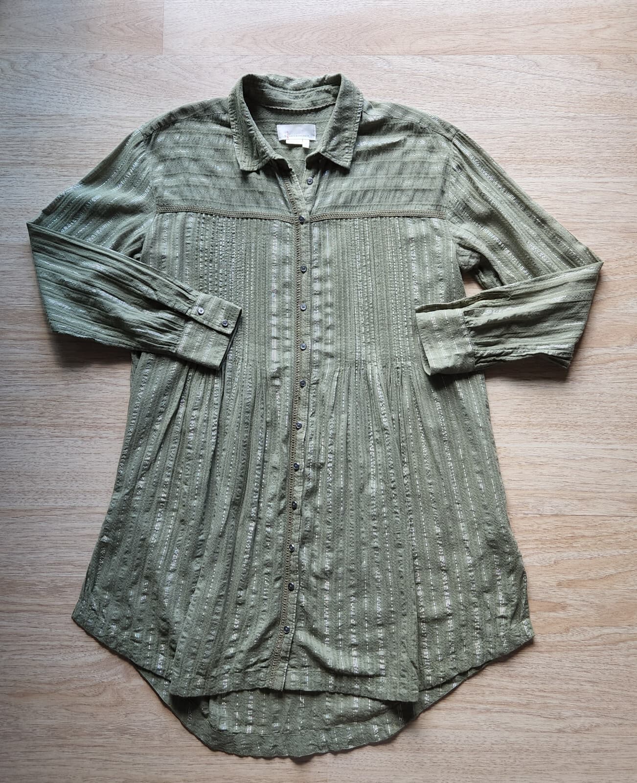 Anthropologie Pintuck Shirt Dress Button-Down Long Sleeve Green Meltaic Women M - Thumbnail 5