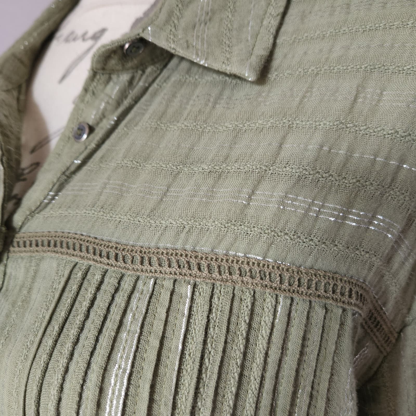 Anthropologie Pintuck Shirt Dress Button-Down Long Sleeve Green Meltaic Women M - Thumbnail 3