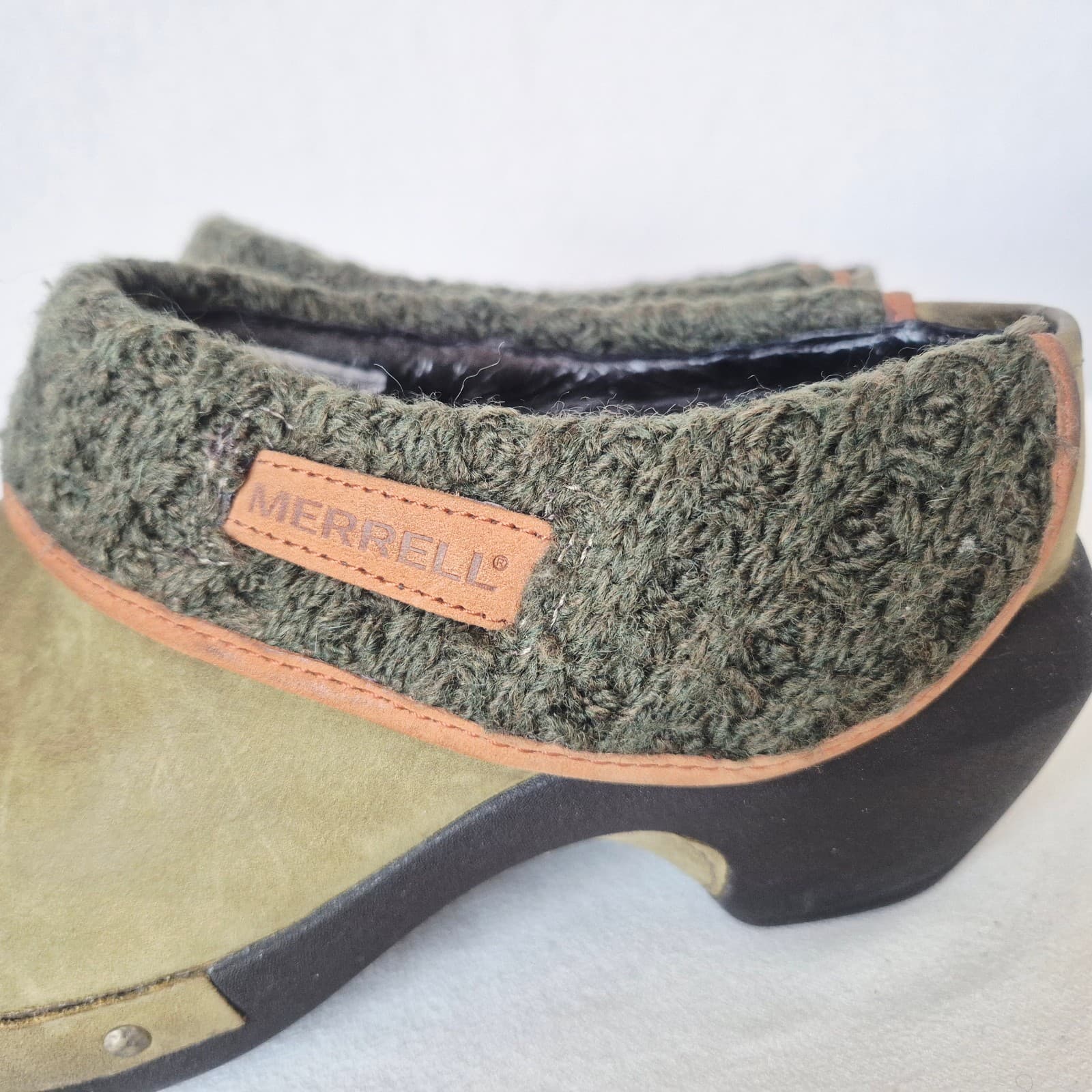 MERRELL Luxe Wrap Knit-Wool Collar Comfort Mules Leather Burnt Olive Women's 10 - Thumbnail 7