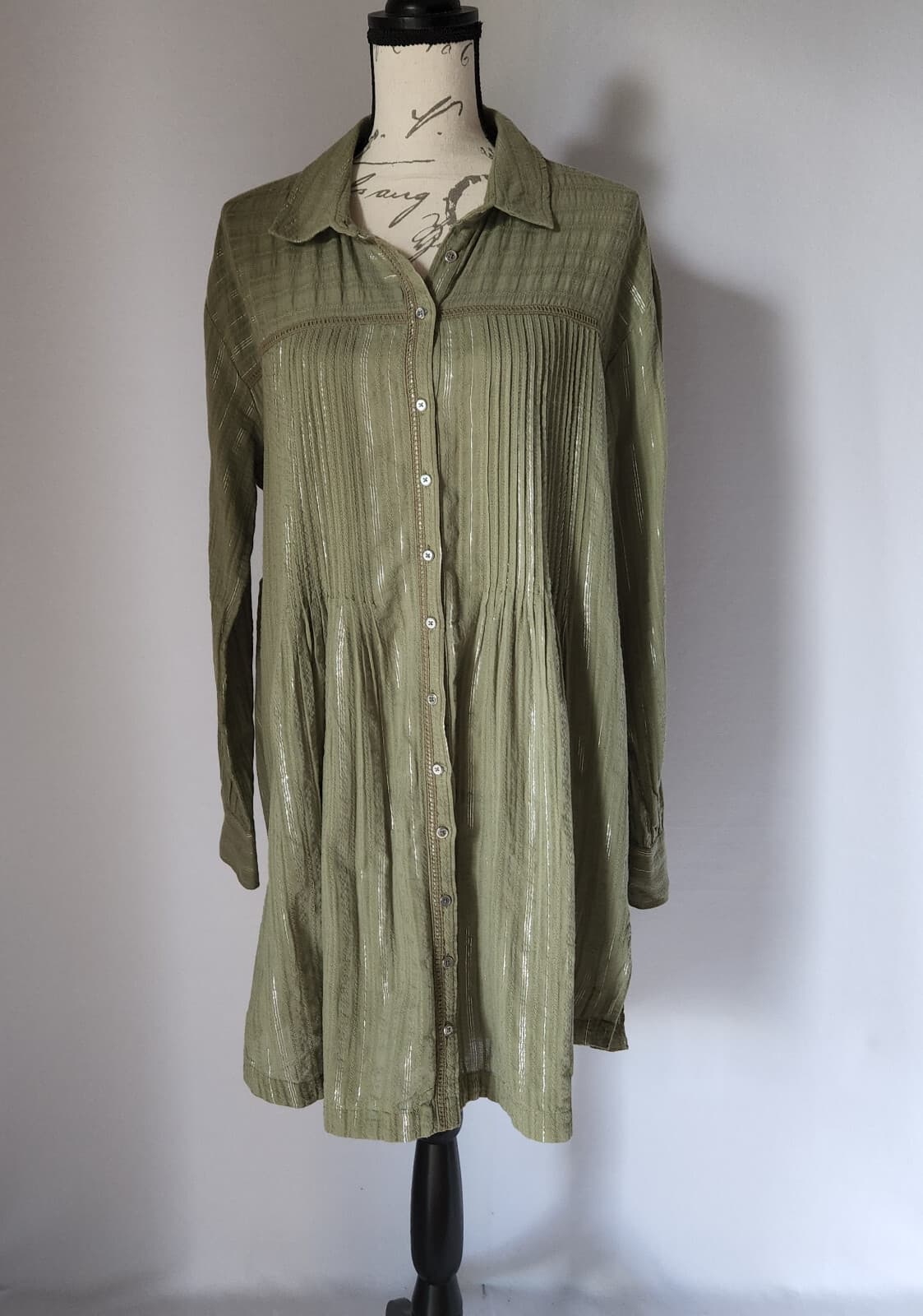 Anthropologie Pintuck Shirt Dress Button-Down Long Sleeve Green Meltaic Women M - Thumbnail 2