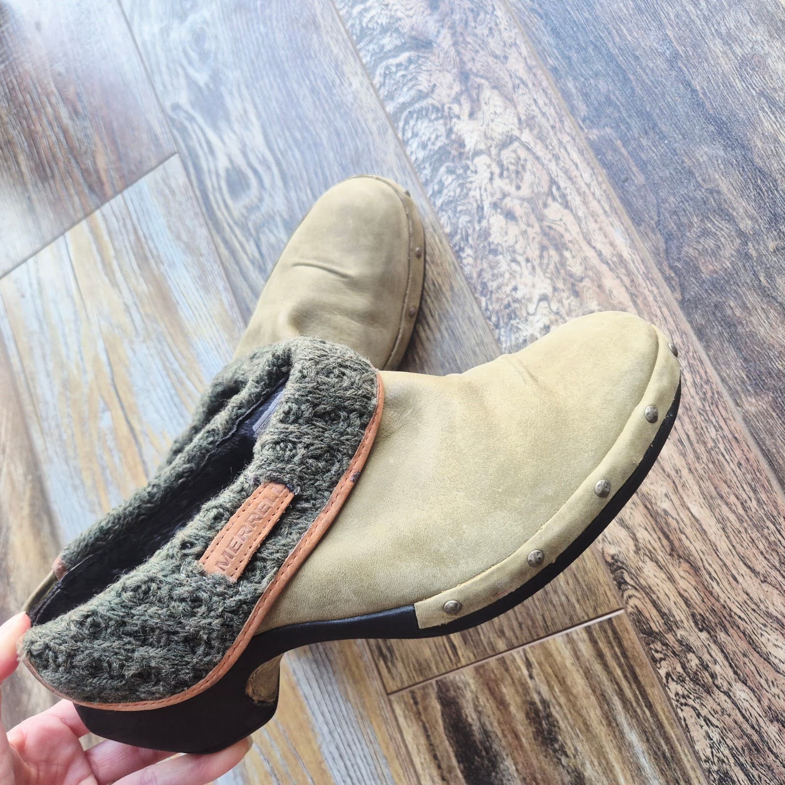MERRELL Luxe Wrap Knit-Wool Collar Comfort Mules Leather Burnt Olive Women's 10 - Thumbnail 3