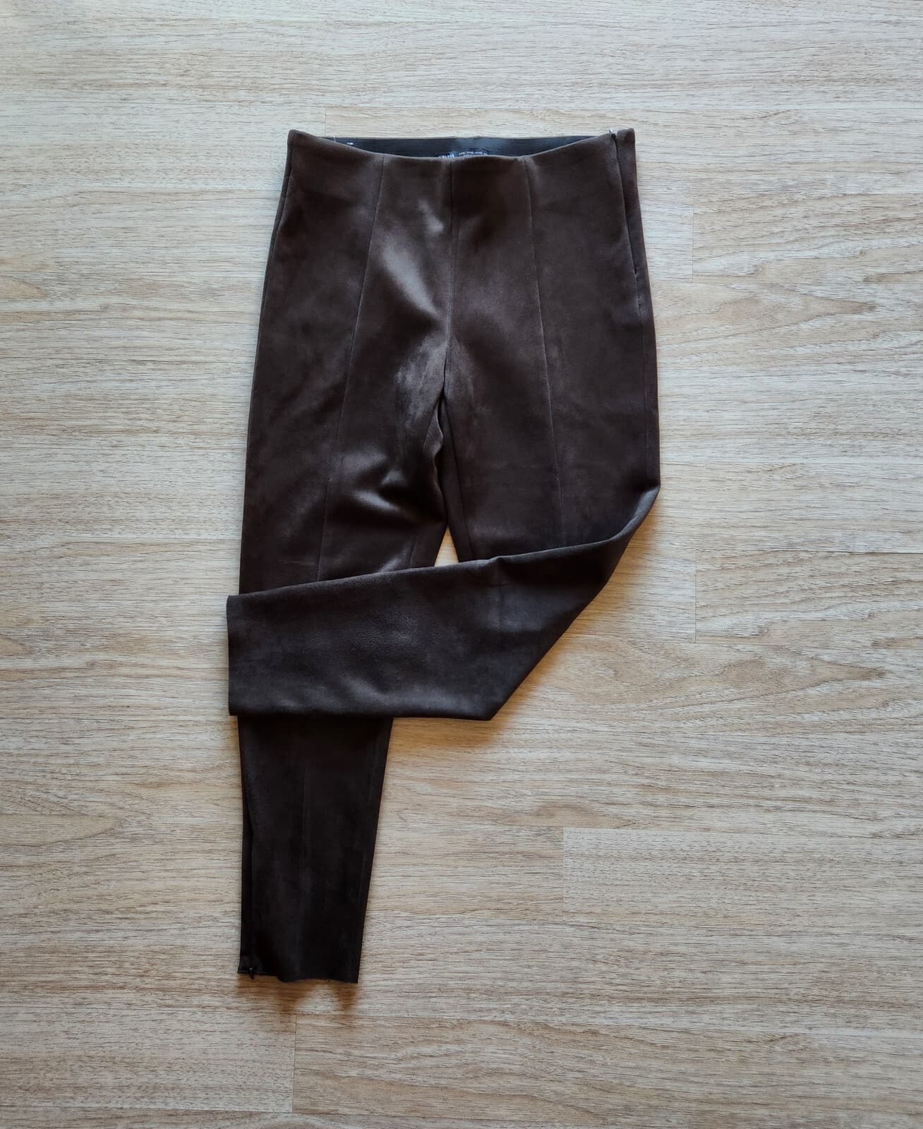 ZARA Faux Suede Skinny Pants High Rise Zip-Ankle Elastic Waist Brown Women Sz.XL - Thumbnail 2