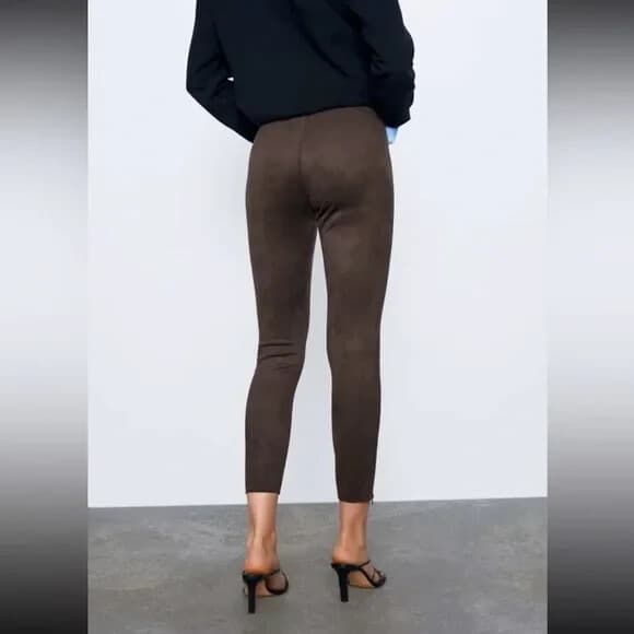 ZARA Faux Suede Skinny Pants High Rise Zip-Ankle Elastic Waist Brown Women Sz.XL - Thumbnail 5