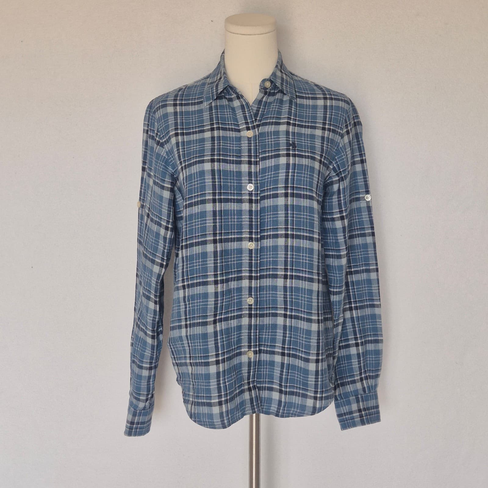 Vintage Lauren Ralph Lauren Linen Blue Plaid Button-Up Shirt Long Sleeve Size PS - Thumbnail 2