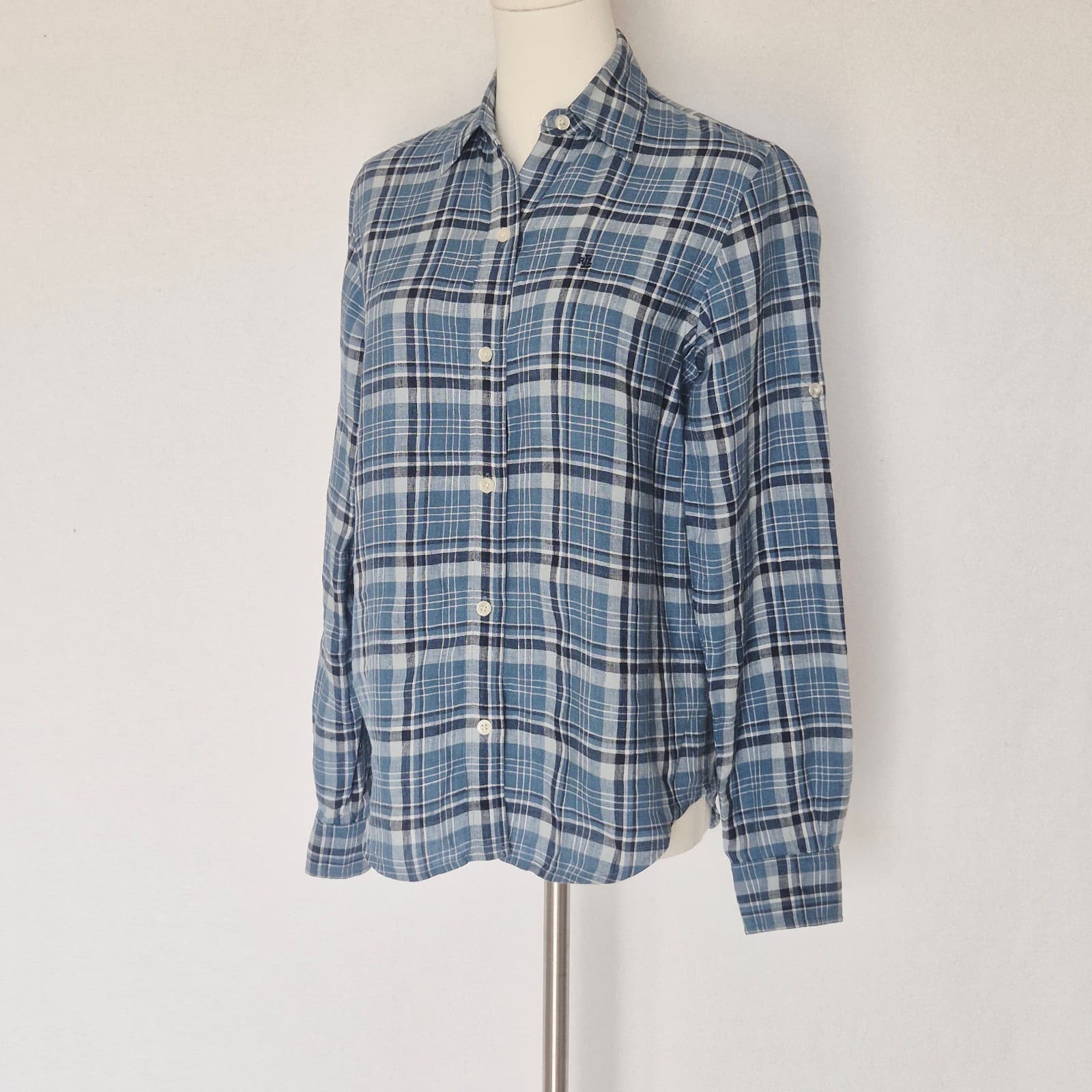 Vintage Lauren Ralph Lauren Linen Blue Plaid Button-Up Shirt Long Sleeve Size PS - Thumbnail 4