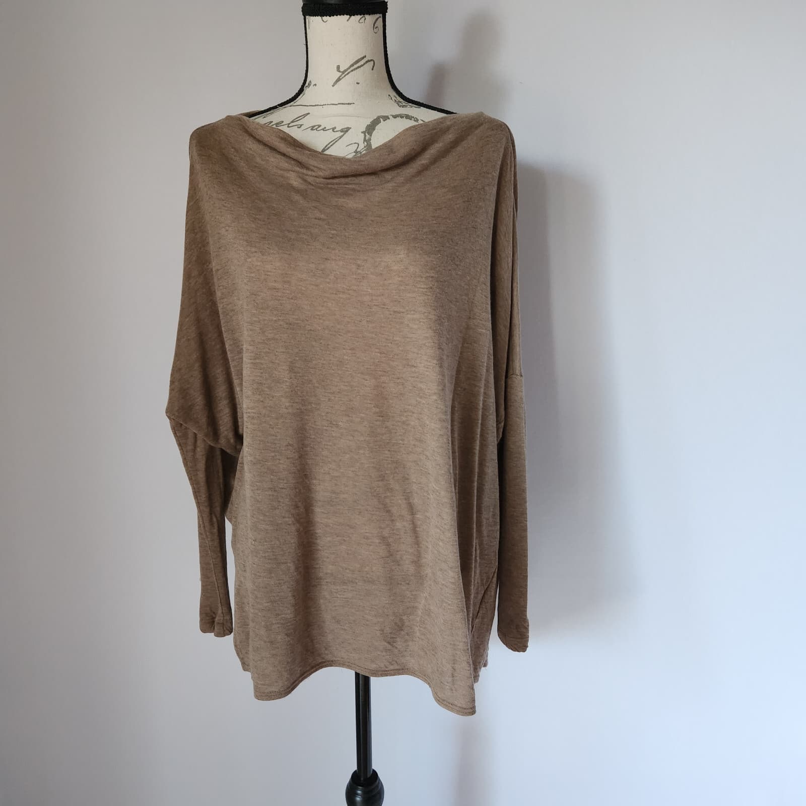 Bryn Walker Cowl Neck Knit Tunic Top Drop Shoulder 3/4 Sleeve Brown Oversize XS - Thumbnail 2