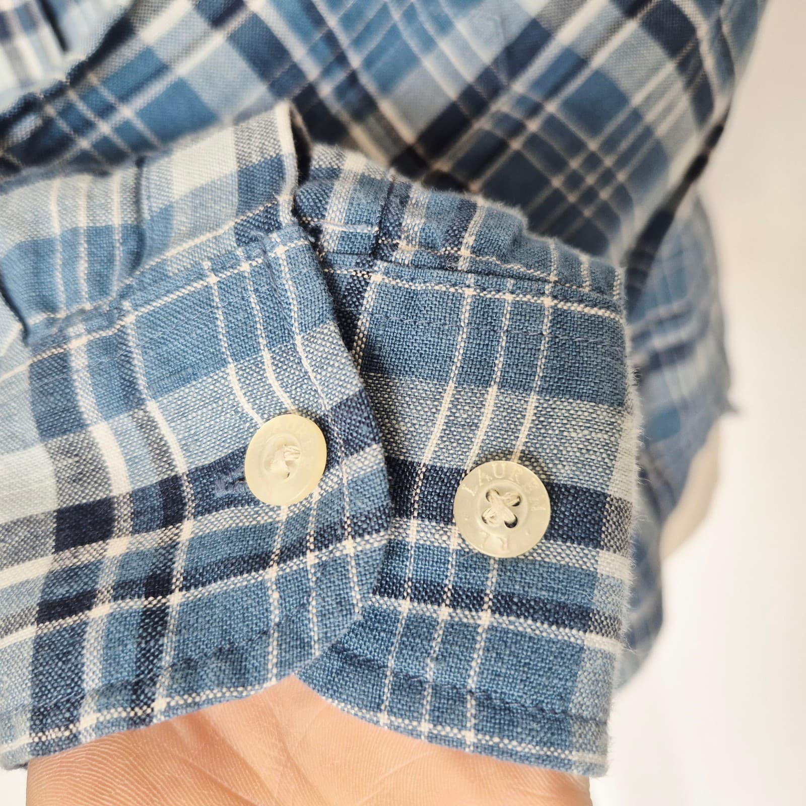 Vintage Lauren Ralph Lauren Linen Blue Plaid Button-Up Shirt Long Sleeve Size PS - Thumbnail 6