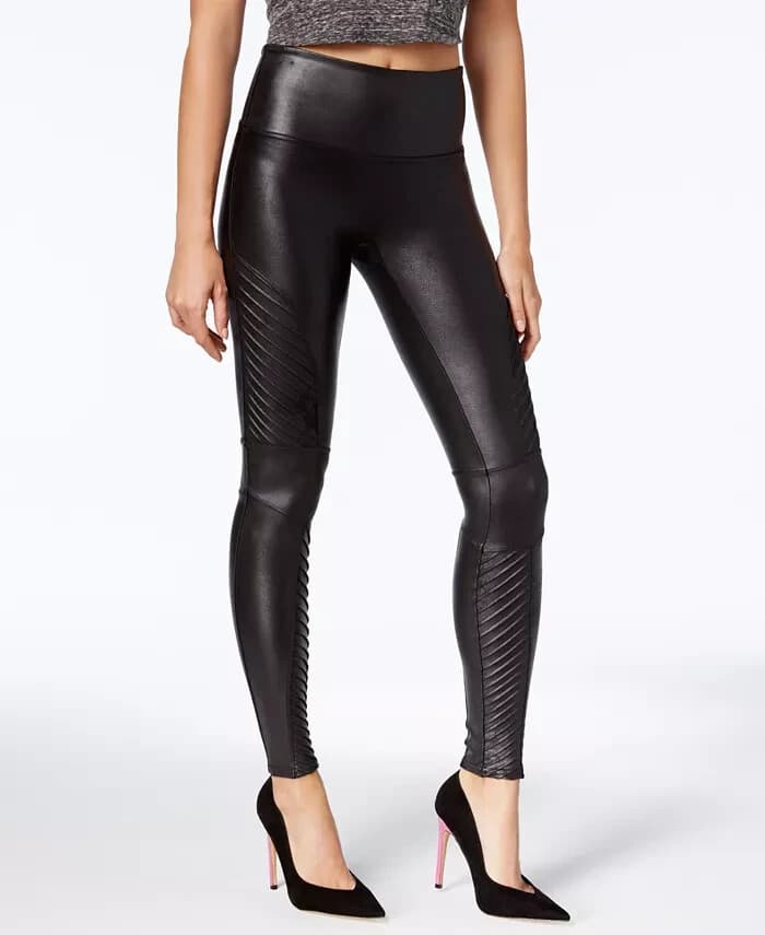 SPANX Faux Leather Moto Leggings Pintuck High Rise Metallic Black Women's S - Thumbnail 2