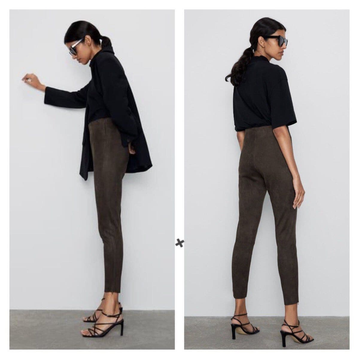 ZARA Faux Suede Skinny Pants High Rise Zip-Ankle Elastic Waist Brown Women Sz.XL - Thumbnail 3