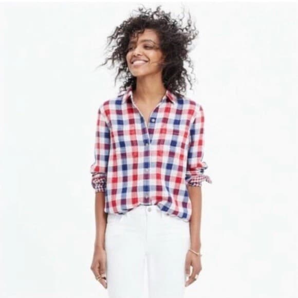Madewell Ex-Boyfriend Emmett Double Gauze Flannel Shirt Plaid Red Blue Womens L - Thumbnail 2