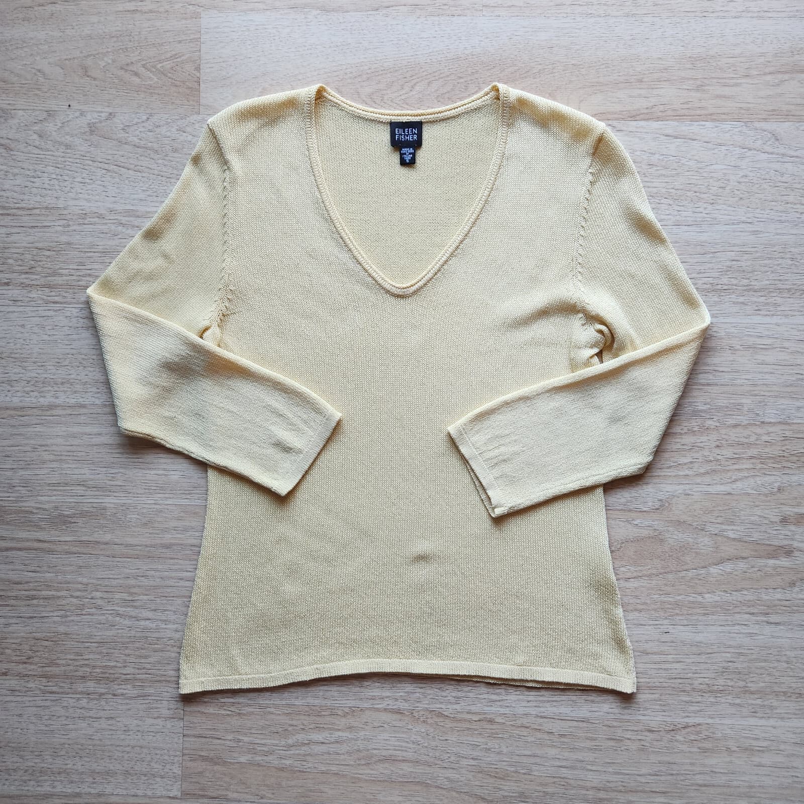 Vintage EIEEN FISHER Italian Yarn Cotton Blend Knit Top Sweater V-Neck Yellow S - Thumbnail 5