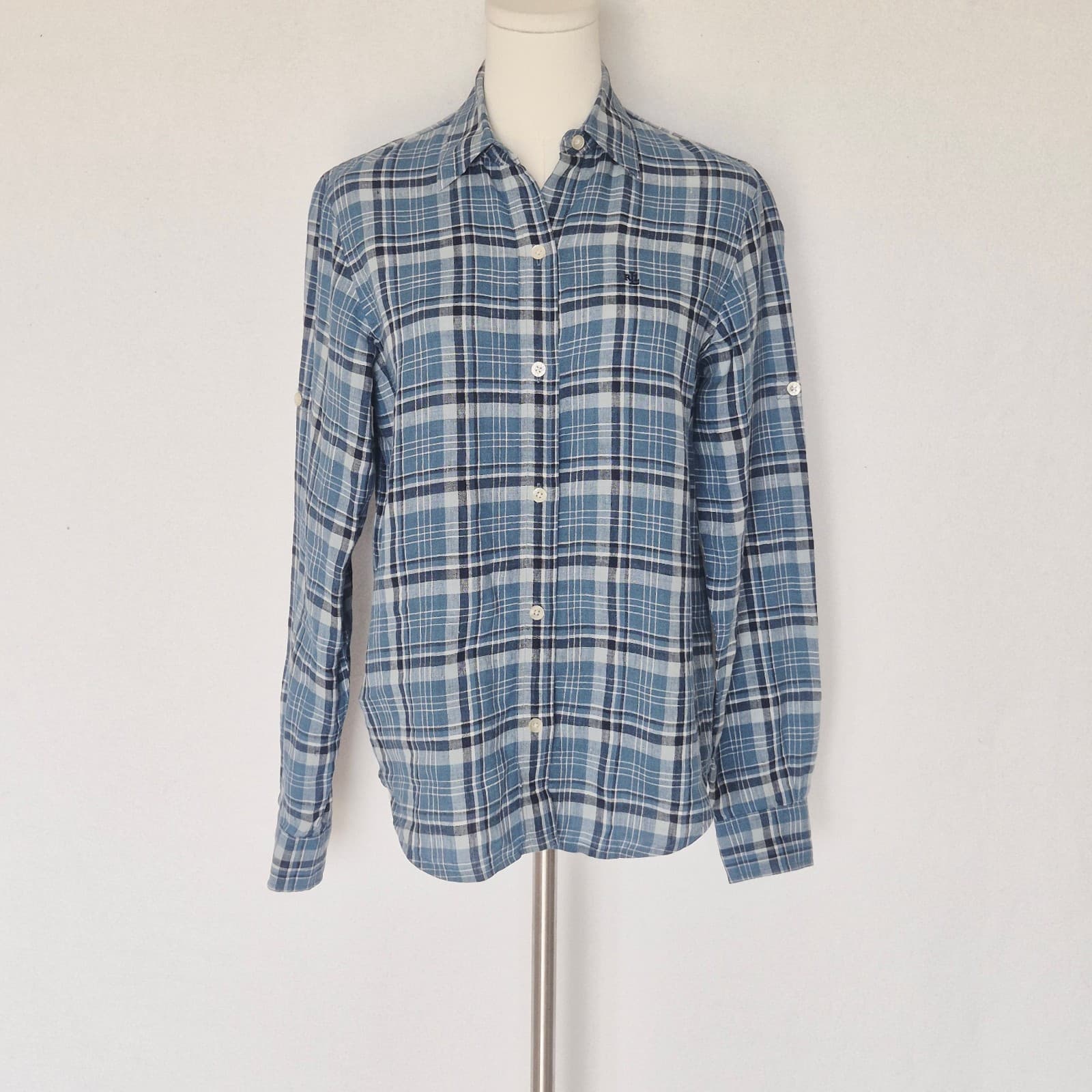 Vintage Lauren Ralph Lauren Linen Blue Plaid Button-Up Shirt Long Sleeve Size PS - Thumbnail 3