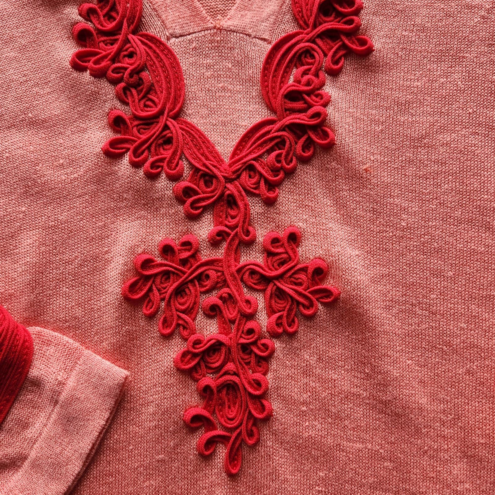 Soft Surroundings Linen Blend Ribbon Embellishing Tunic Top Long Sleeve Coral PL - Thumbnail 6