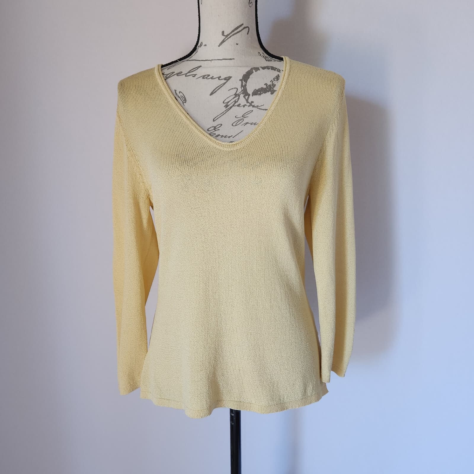 Vintage EIEEN FISHER Italian Yarn Cotton Blend Knit Top Sweater V-Neck Yellow S - Thumbnail 2