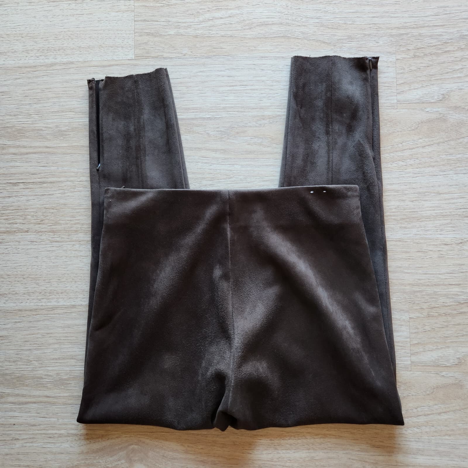 ZARA Faux Suede Skinny Pants High Rise Zip-Ankle Elastic Waist Brown Women Sz.XL - Thumbnail 6