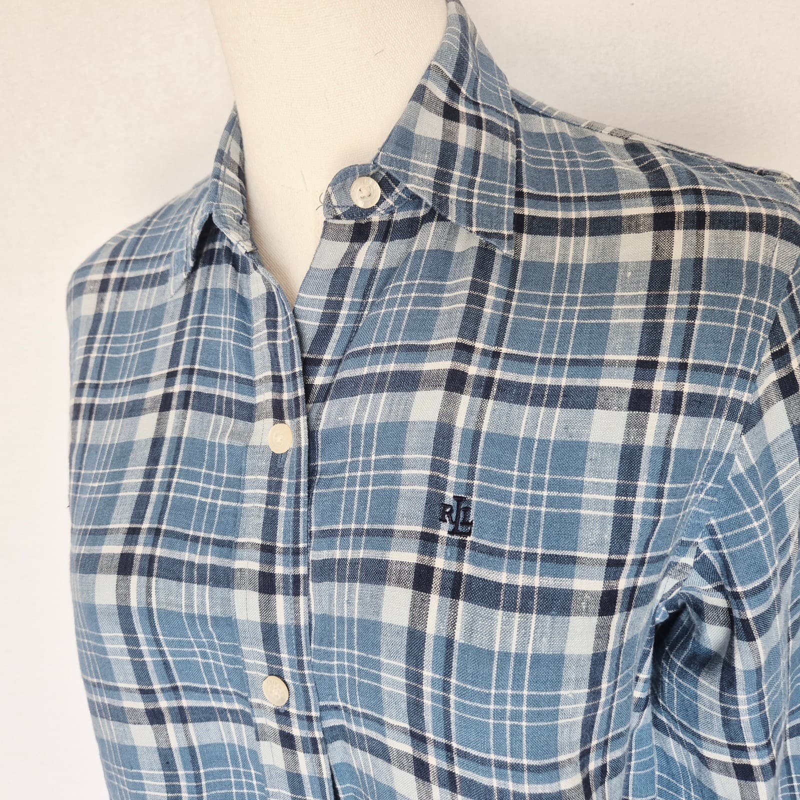 Vintage Lauren Ralph Lauren Linen Blue Plaid Button-Up Shirt Long Sleeve Size PS - Thumbnail 7