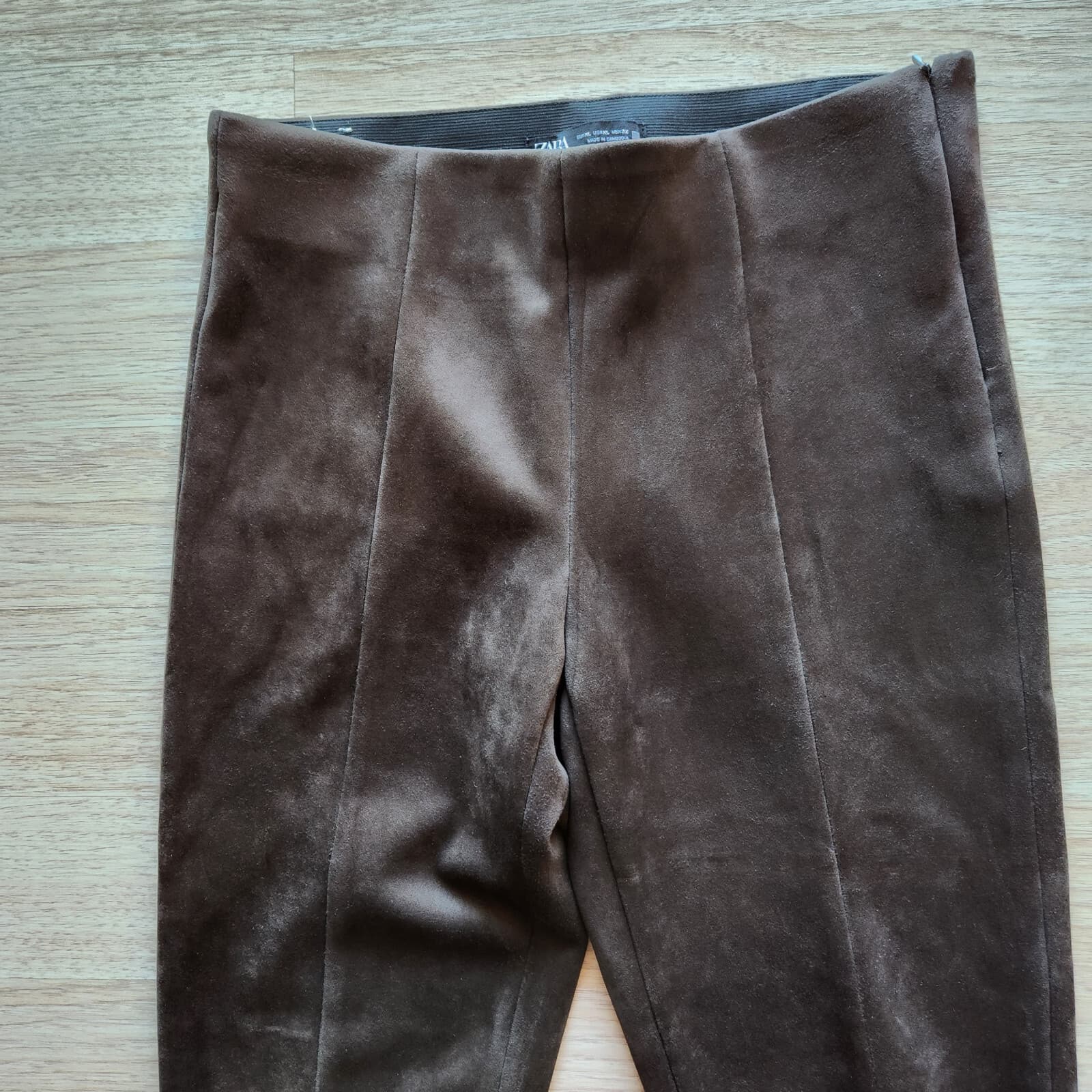 ZARA Faux Suede Skinny Pants High Rise Zip-Ankle Elastic Waist Brown Women Sz.XL - Thumbnail 4