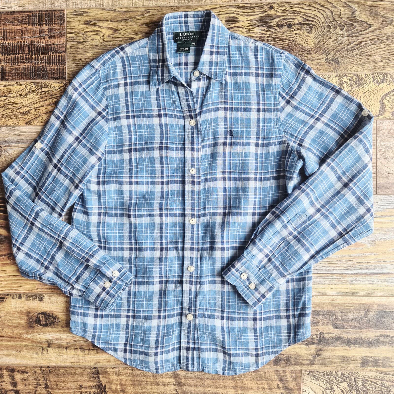Vintage Lauren Ralph Lauren Linen Blue Plaid Button-Up Shirt Long Sleeve Size PS - Thumbnail 5
