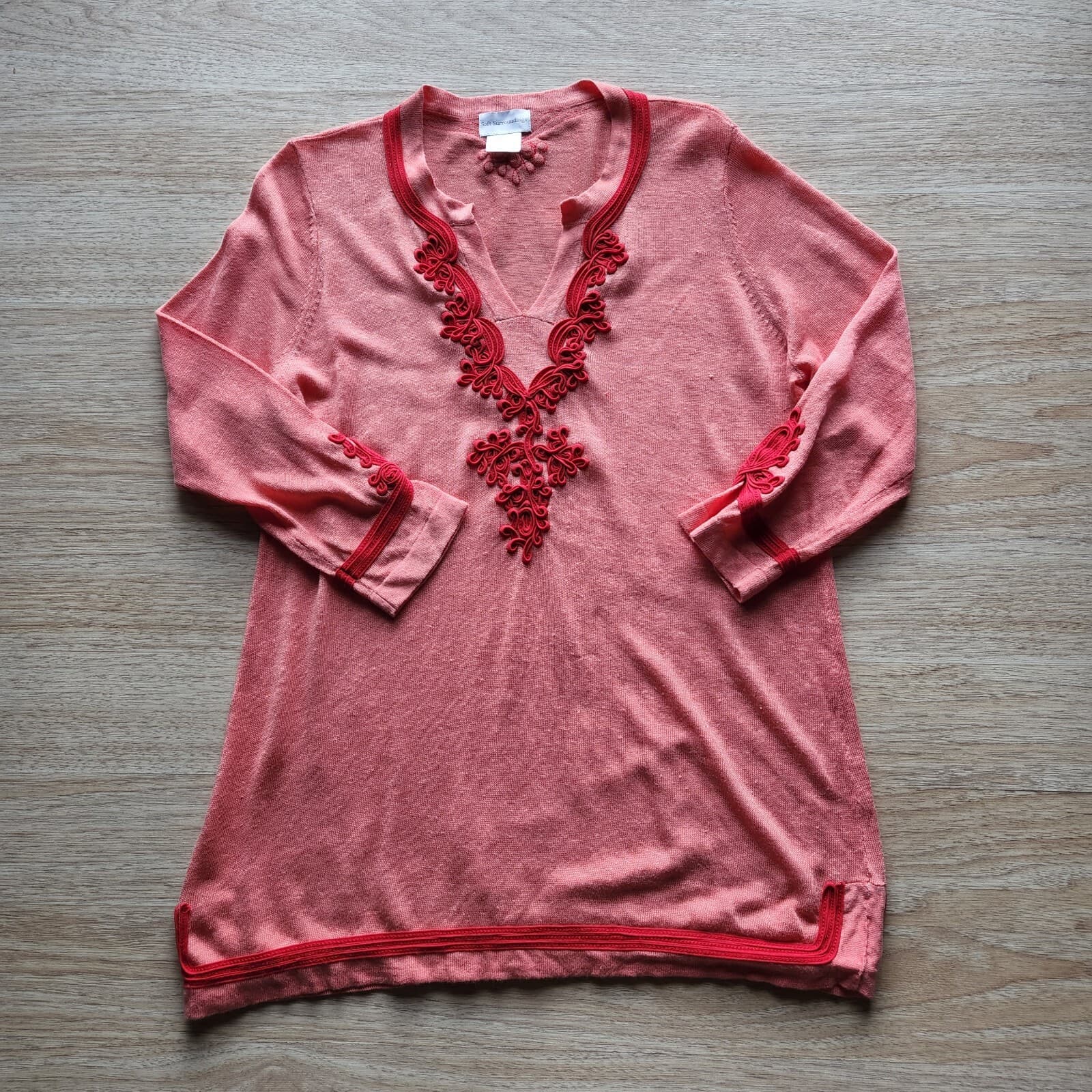 Soft Surroundings Linen Blend Ribbon Embellishing Tunic Top Long Sleeve Coral PL - Thumbnail 5